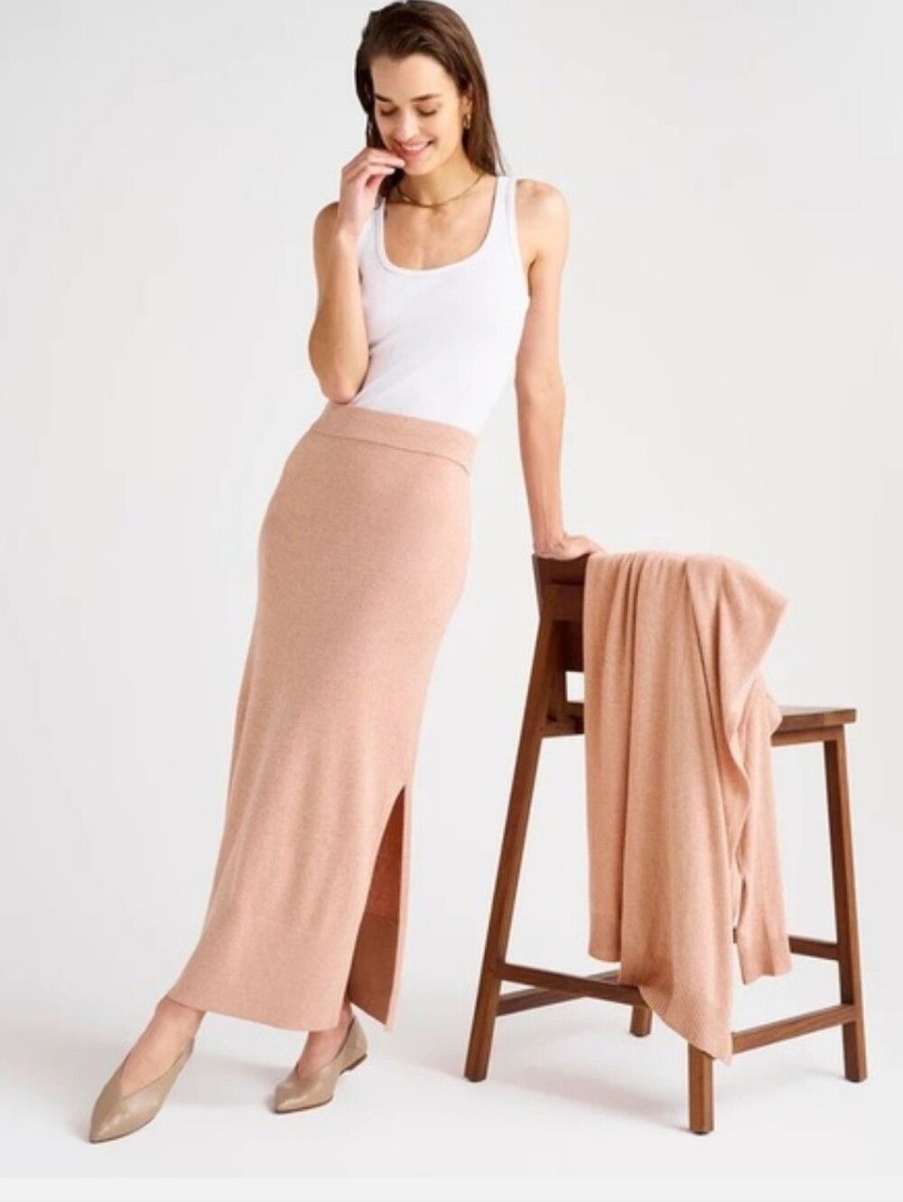 Splendid Dana Maxi Lnit Skirt  Champagne Heather Site Slit Size Medium Versatile